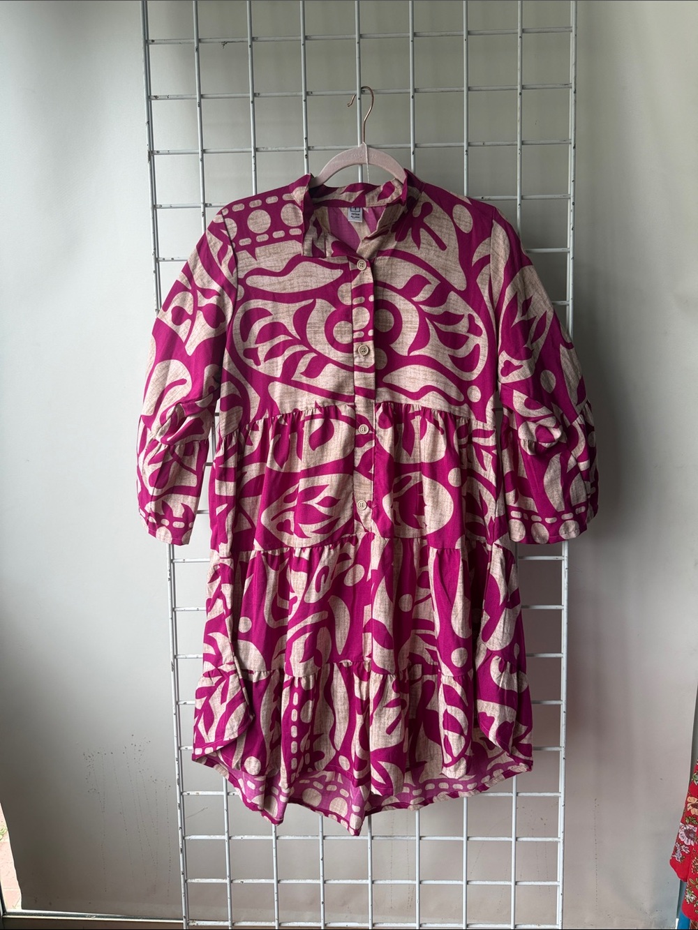 Fuchsia and Cream Printed Tiered Button-Up Dress One Size Fits Up To L- XL